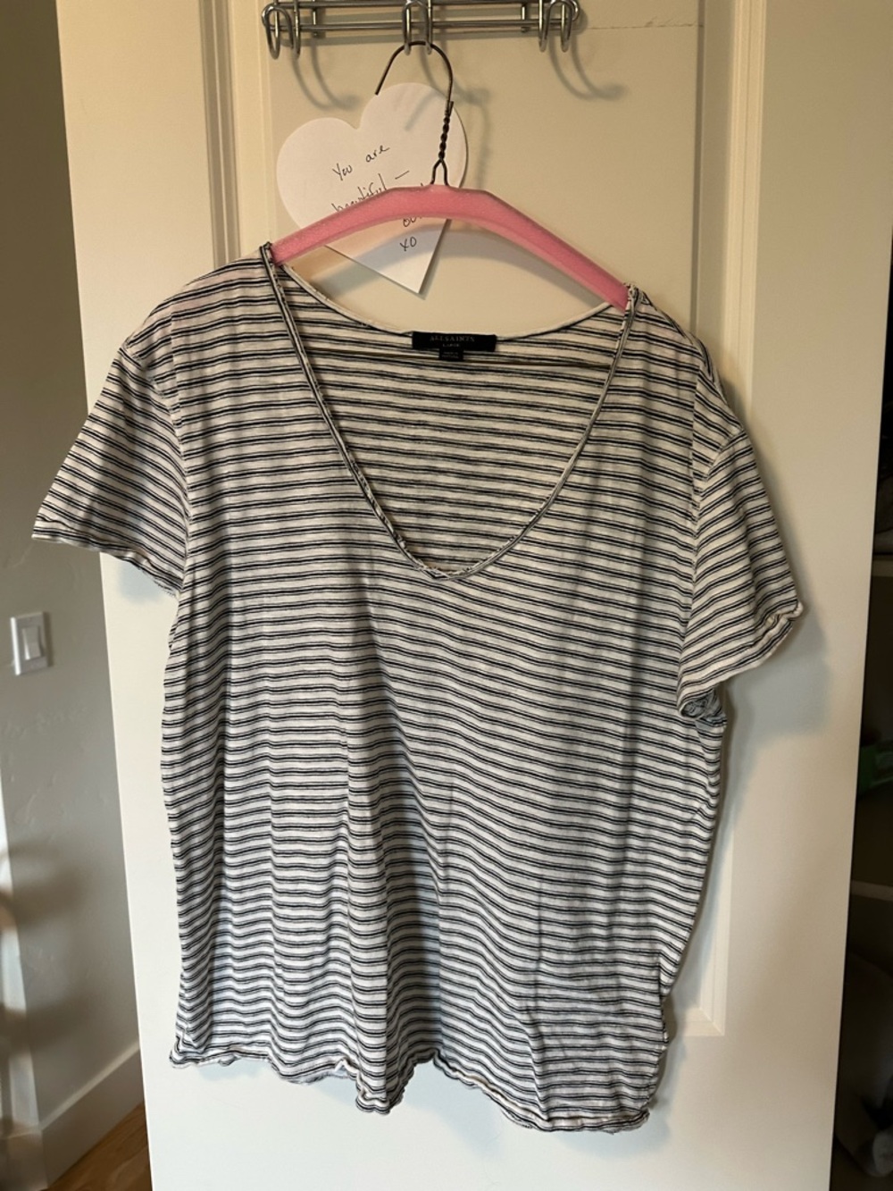 All Saints Women’s Striped V-Neck Tee in White and Black